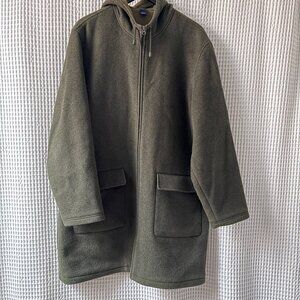 Lands' End olive khaki wool-blend hooded unlined overcoat men's size large/42–44